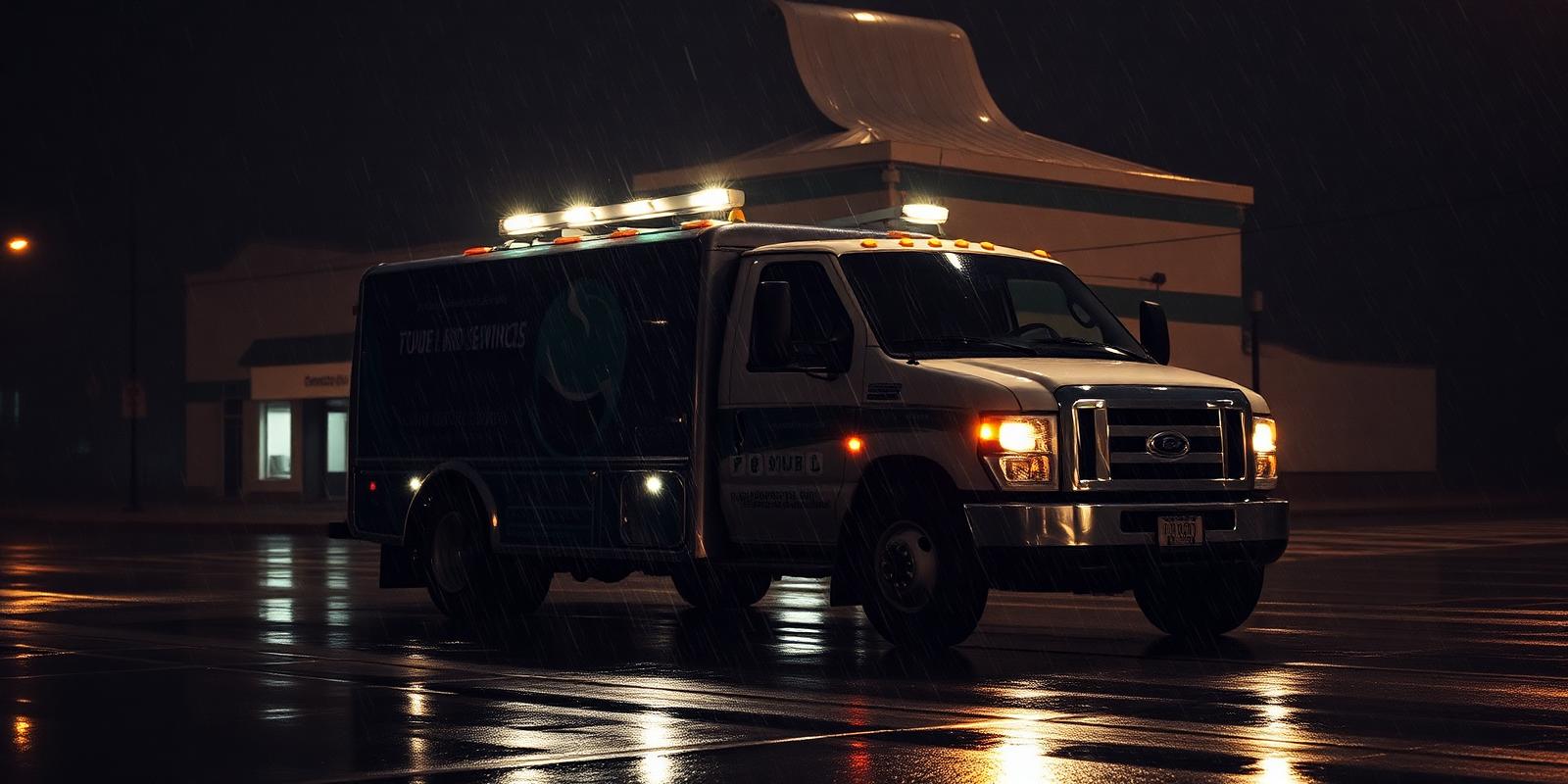 Plumbing service truck dispatched on a rainy night